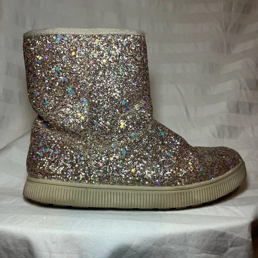 Cat & Jack Kids Champagne Gold Star Glitter Side Zip Faux Fur Lined Boots Size 3